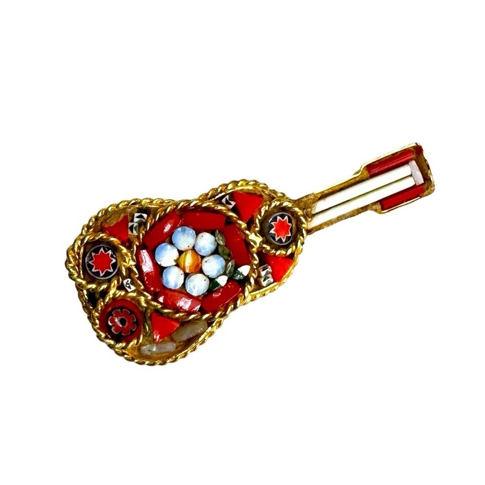 Vintage Micro Mosaic Guitar Brooch Mandolin Instrument Pin Italy Italian Glass